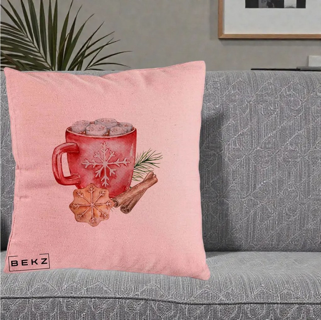 Perna Decorativa Cacao de Iarna cu Biscuit, 40x40 cm, Roz, Husa Detasabila, Perna Inclusa, BEKZ®