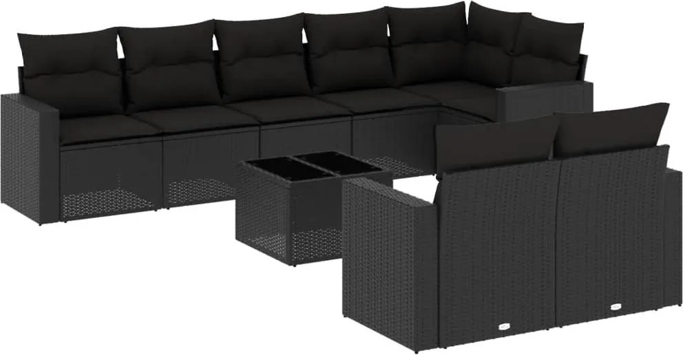 vidaXL Set mobilier de grădină cu perne, 9 piese, negru, poliratan
