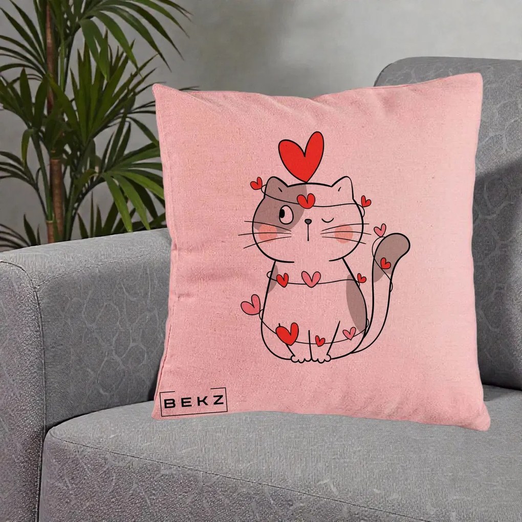 Perna Decorativa Pisica Kawaii cu Inimi, 40x40 cm, Roz, Husa Detasabila, Perna Inclusa, BEKZ®