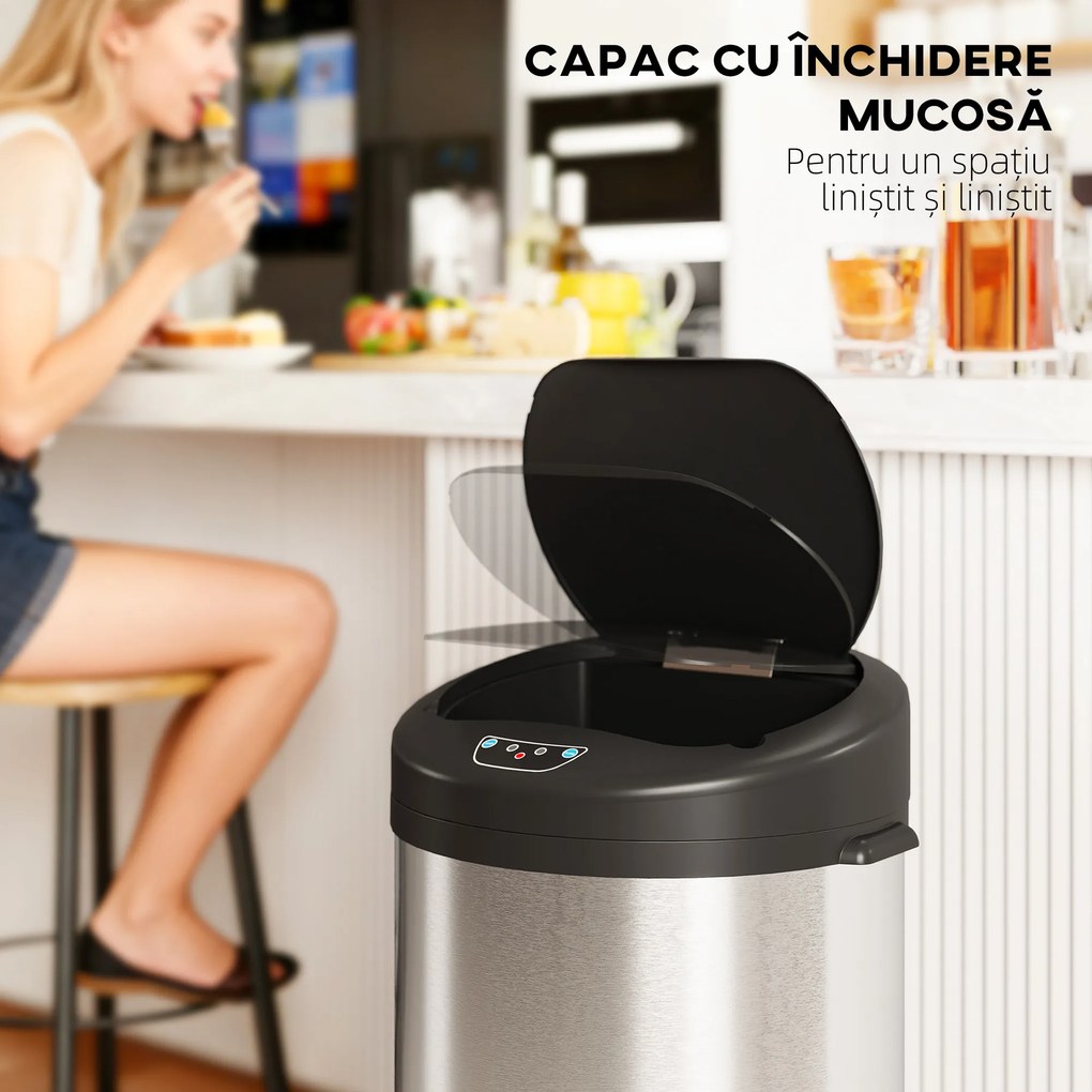 HOMCOM Coș de gunoi de 55L cu senzor pentru deschidere automată și închidere amortizată, 32x30x72.5 cm, Argintiu | Aosom Romania
