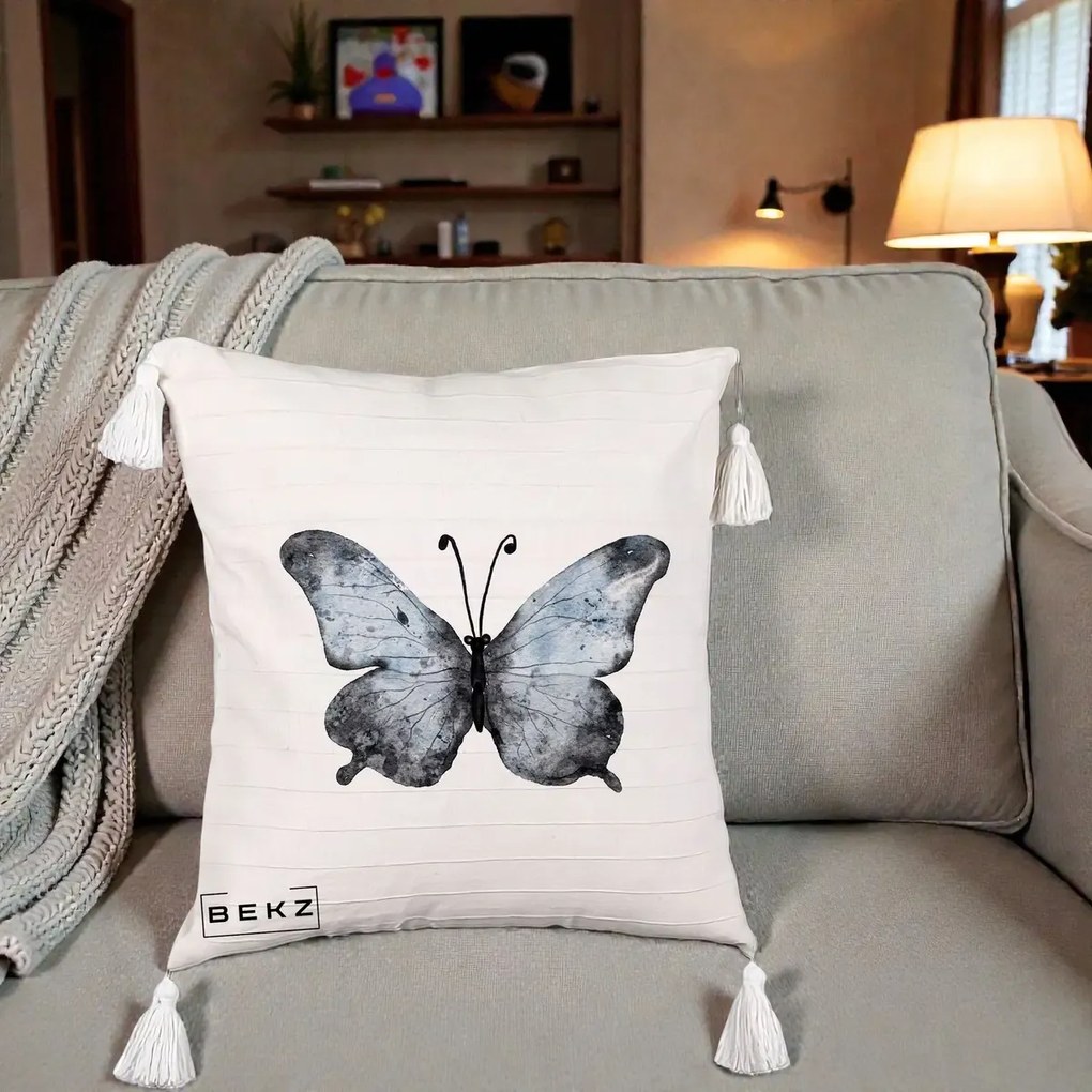 Perna Decorativa Fluture Acuarela Albastru-Gri, 40x40 cm, Bej cu Franjuri, Husa Detasabila, Perna Inclusa, BEKZ®