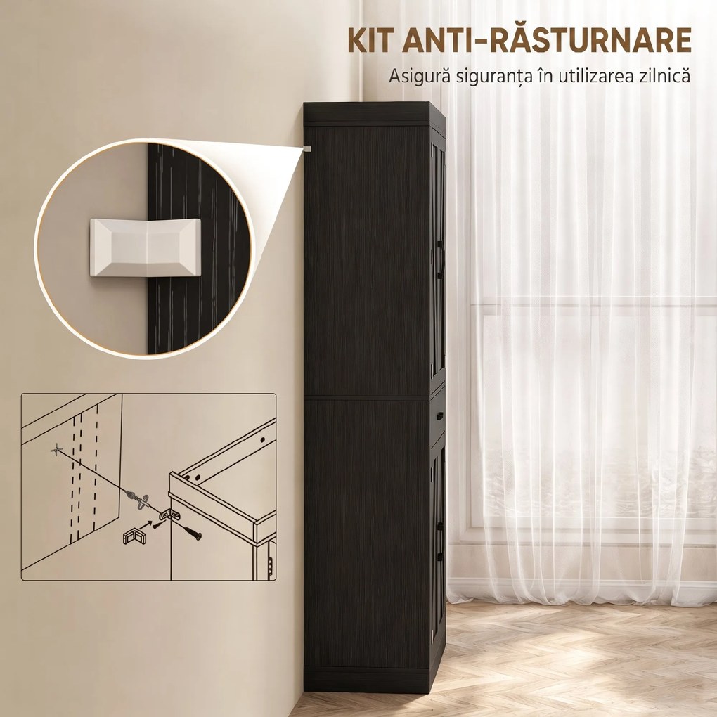 HOMCOM Dulap cămară de bucătărie în stil country, cu 2 dulapuri, 6 rafturi și sertar, din lemn, 76 x 39,5 x 183,5 cm, negru | Aosom Romania