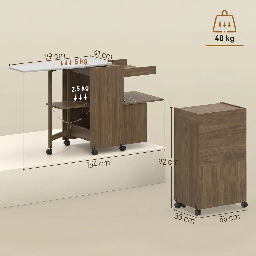 HOMCOM Dulap Masă de Călcat Pliabil cu Roți și Suport pentru Fier de Călcat, Dulap Multifuncțional cu Rafturi, Compartiment Deschis, pentru Spălătorie, Baie, 154x55x87 cm, Maro | Aosom Romania