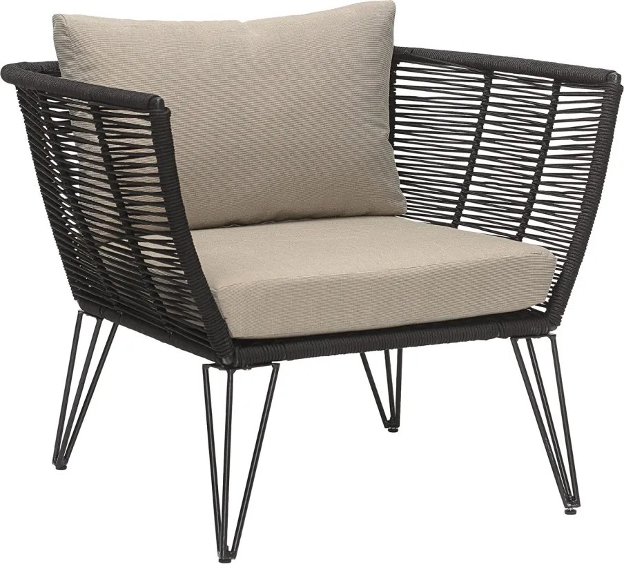 Fotoliu de exterior, negru, din metal, cu perne bej incluse, Mundo