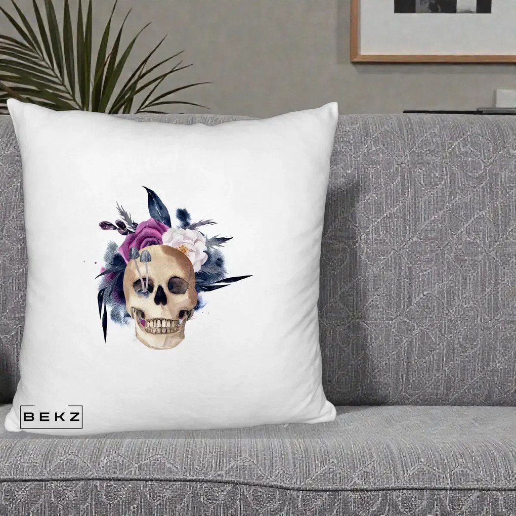 Perna Decorativa Craniu Floral cu Trandafiri si Ciuperci, 40x40 cm, Alb Pufos, Husa Detasabila, Perna Inclusa, BEKZ®