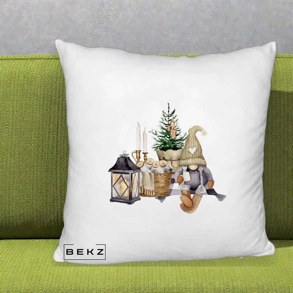 Perna Decorativa Gnom Scandinav cu Felinar, 40x40 cm, Alb Pufos, Husa Detasabila, Perna Inclusa, BEKZ®