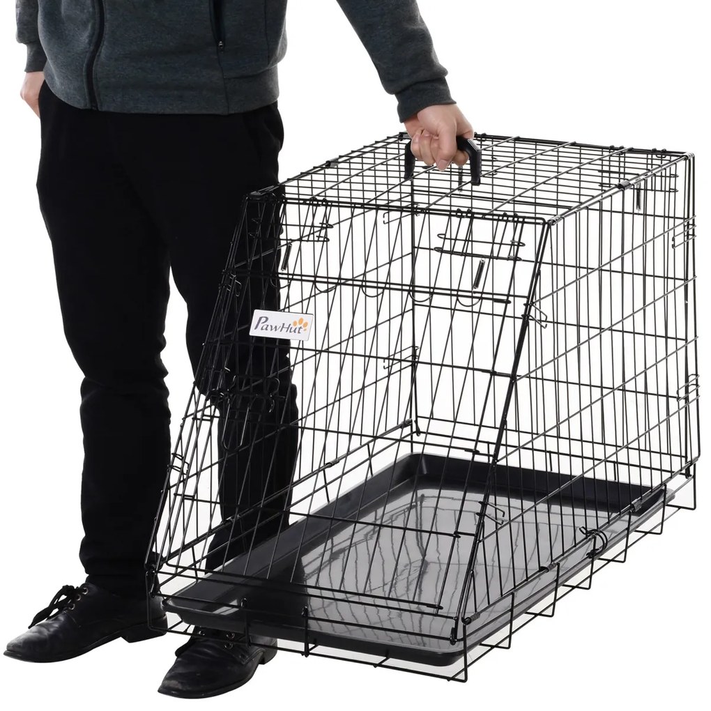 PawHut Cușcă de Transport pentru Câini, Metal și PP, Formă Trapezoidală pentru Mașină, cu Mâner, 76x48x55cm, Negru | Aosom Romania
