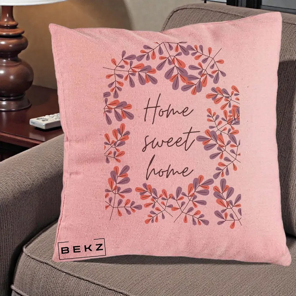 Perna decorativa Home Sweet Home Frunze Colorate, 40x40 cm cu Umplutura, Roz, BEKZ