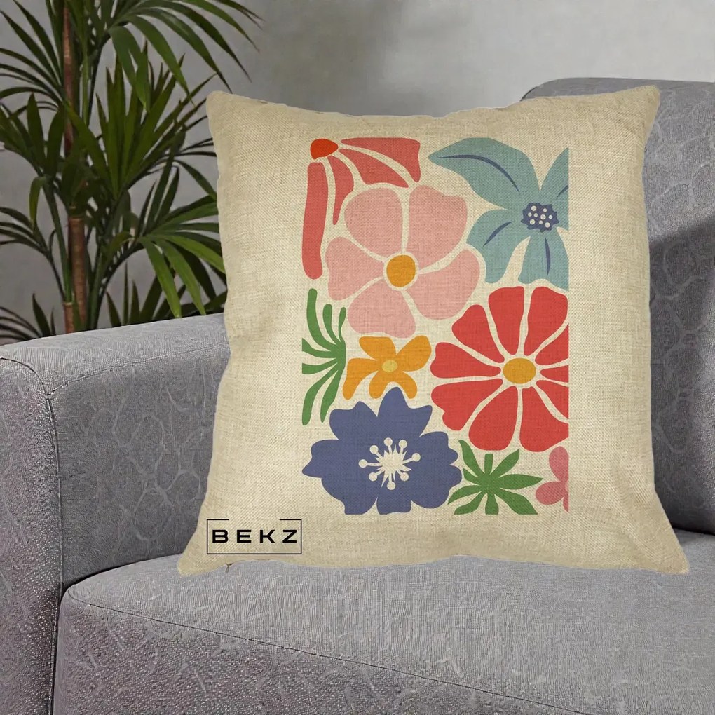 Perna Decorativa Flori Grafice Roz-Rosu-Albastru, 40x40 cm, Crem, Husa Detasabila, Perna Inclusa, BEKZ®