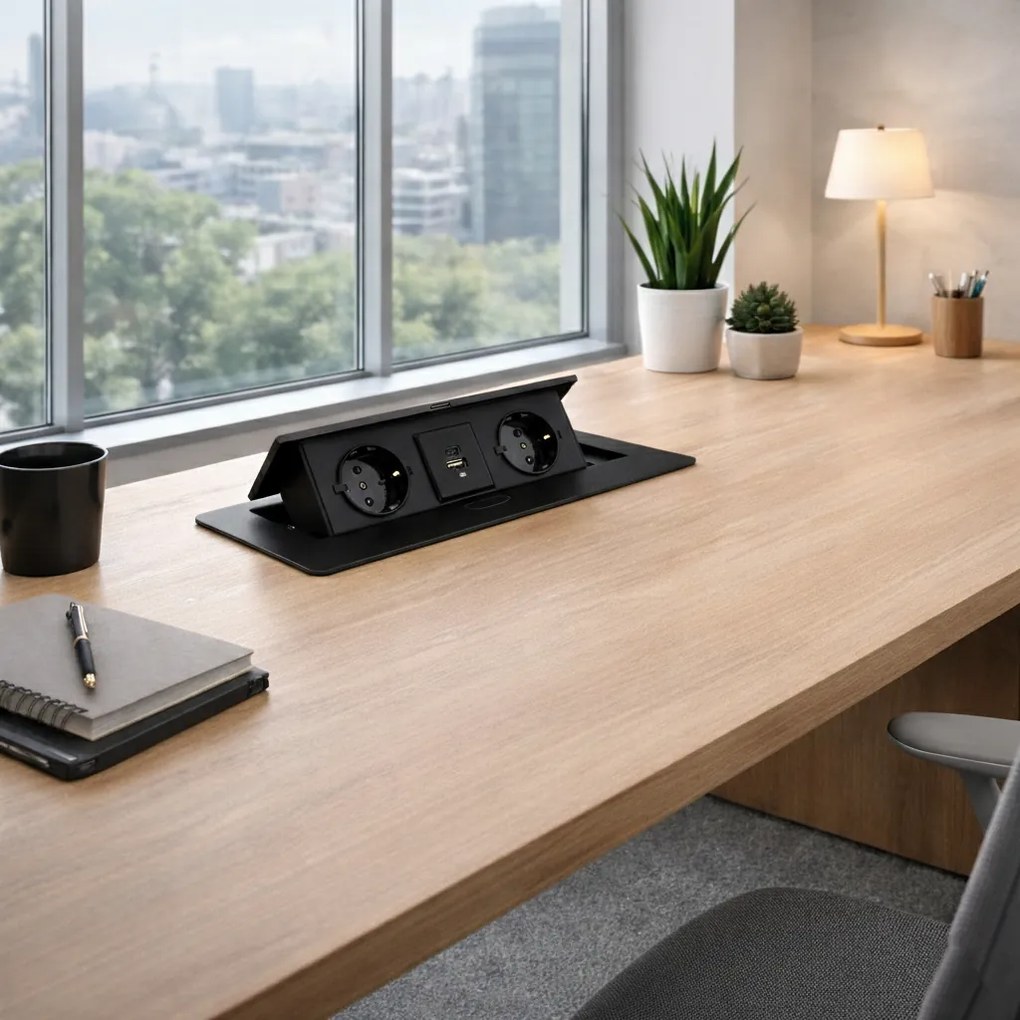 Priză încorporabilă în blat Kombibox Design Light, 2 prize Schuko, USB A + C, negru, 266 x 133 mm Metal, L:266 mm; l:133 mm, Negru
