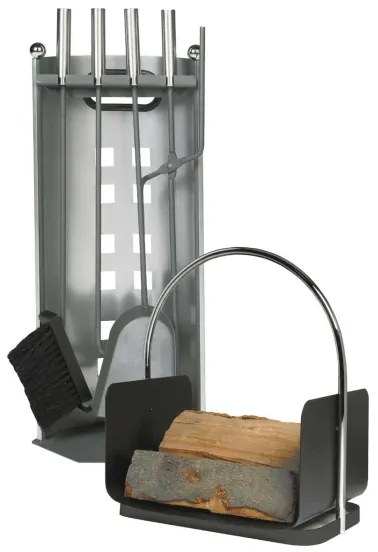 Set de ustensile de șemineu și coș cu mâner pentru lemne 6 buc. antracit