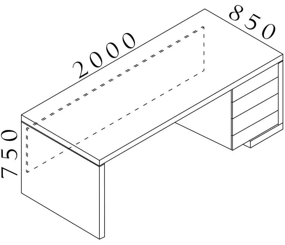 Masa Lineart 200 x 85 cm + container dreapta, ulm inchis / alb