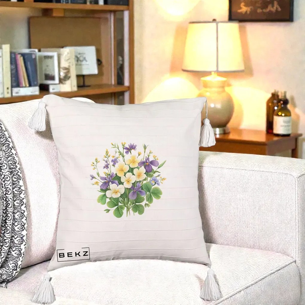 Perna Decorativa Viorele Iris Violet si Trifoi, 40x40 cm, Bej cu Franjuri, Husa Detasabila, Perna Inclusa, BEKZ®