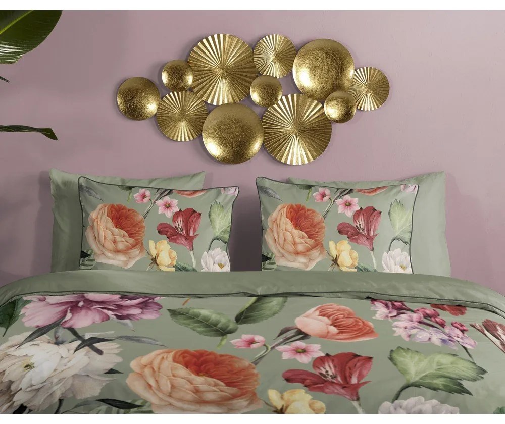 Lenjerie de pat verde din bumbac satinat pentru pat dublu, extinsă 200x220 cm Fiori – Descanso