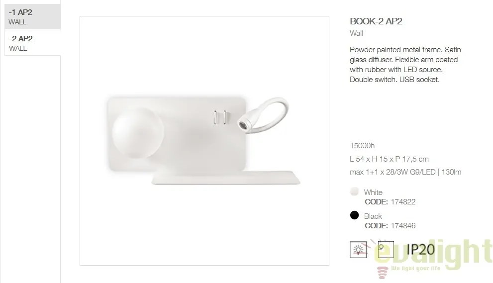 Aplica LED moderna cu reader LED cu port USB BOOK-2 AP2 174822