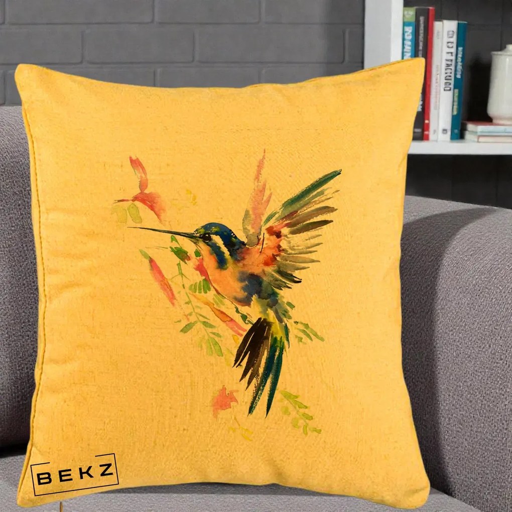 Perna Decorativa Colibri Acuarela, 40x40 cm, Galben, Husa Detasabila, Perna Inclusa, BEKZ®