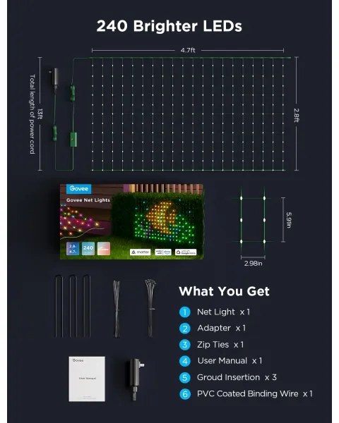 Govee - Plasă luminoasă LED RGBIC pentru exterior 143 x 85 cm Wi-Fi Matter IP65