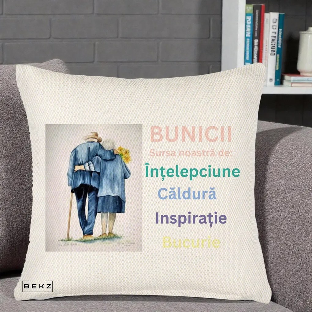 Cadou pentru Bunici - Perna Personalizata Bunicii Sursa Intelepciune Caldura Acuarela, 40x40 cm, Crem Reliefat, Husa Detasabila, Perna Inclusa, BEKZ®
