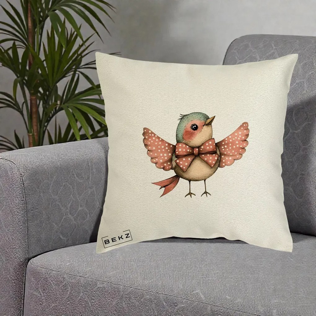 Perna Decorativa Pasare Roz cu Aripi si Fundita, 40x40 cm, Ecru, Husa Detasabila, Perna Inclusa, BEKZ®
