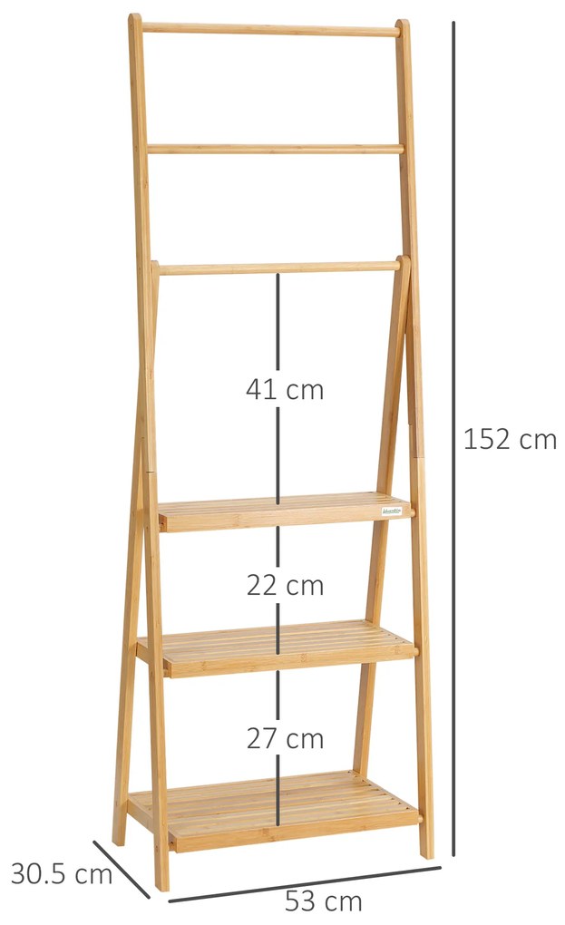 Kleankin Suport de Podea Multifuncțional pentru Prosoape de Baie cu 3 Bare și 3 Rafturi, 53x30,5x152 cm, Natural | Aosom Romania