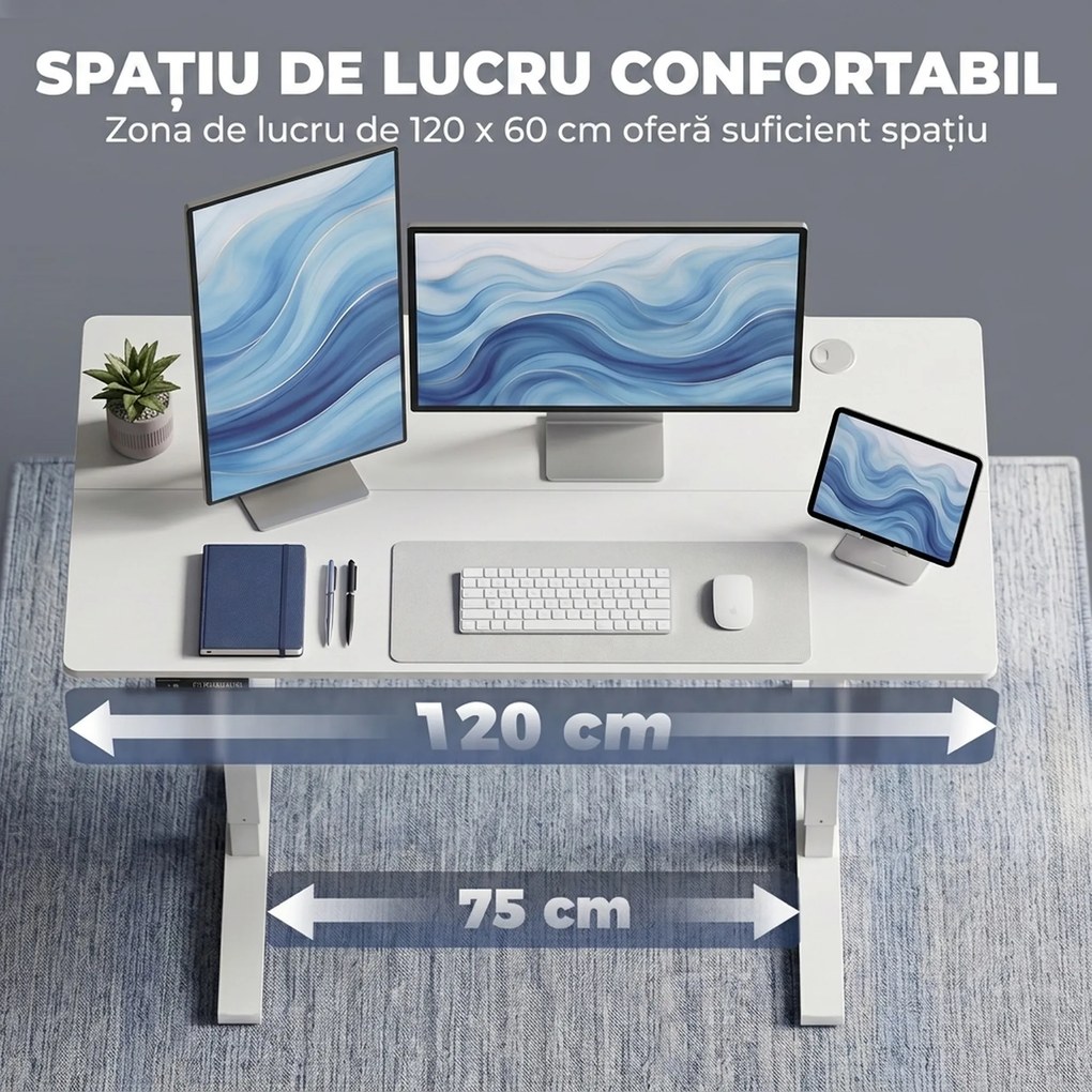 HOMCOM Birou Reglabil pe Înălțime cu 3 Memorii, Display LED, Orificiu Cabluri, PAL,120 x 60 x 72-118 Cm, Alb | Aosom Romania