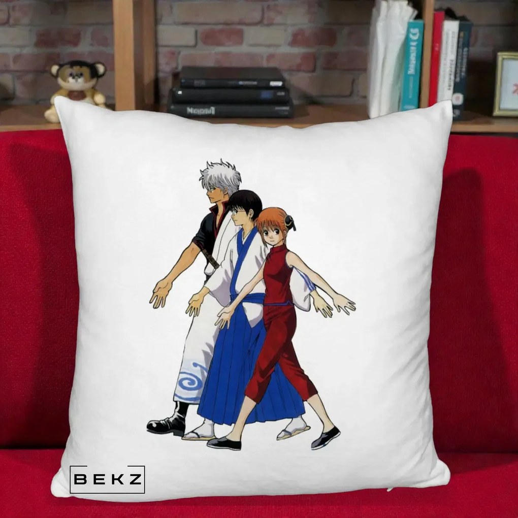 Perna Personalizata Gintama Trio Gintoki Shinpachi Kagura, 40x40 cm, Alb Pufos, Husa Detasabila, Perna Inclusa, BEKZ®