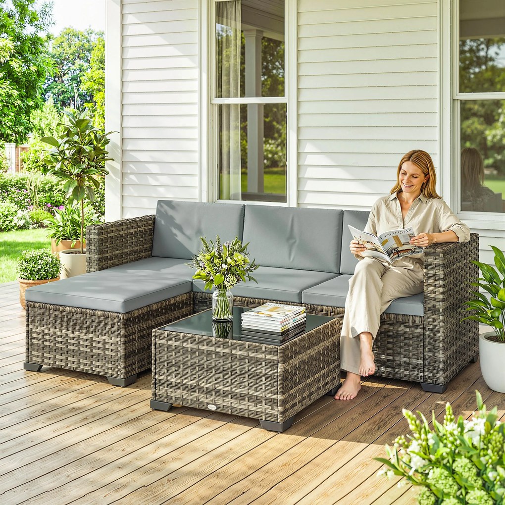 Outsunny Set de grădină exterior din ratan 5 piese cu perne 2 fotolii de colț fotoliu fără brațe taburet și masă | Aosom Romania