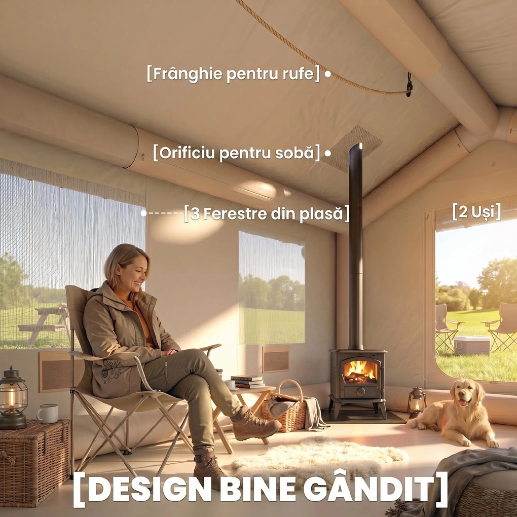 Outsunny Corturi Gonflabile Impermeabile pentru Glamping cu Orificiu pentru Sobă pentru 6-8 Persoane | Aosom Romania