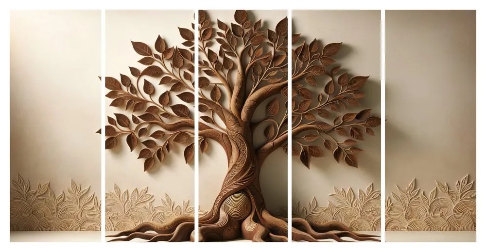 Tablou 5-piese arborele vieții maro cu efect 3D