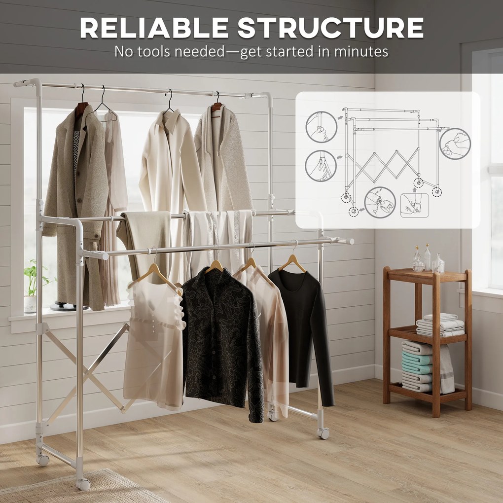 HOMCOM Uscător de Rufe Pliabil cu 3 Bare Reglabile, Uscător Vertical cu Roți Pivotante și Cadru din Oțel Inox, Uscător pentru Acasă și Spălătorie, Argintiu | Aosom Romania
