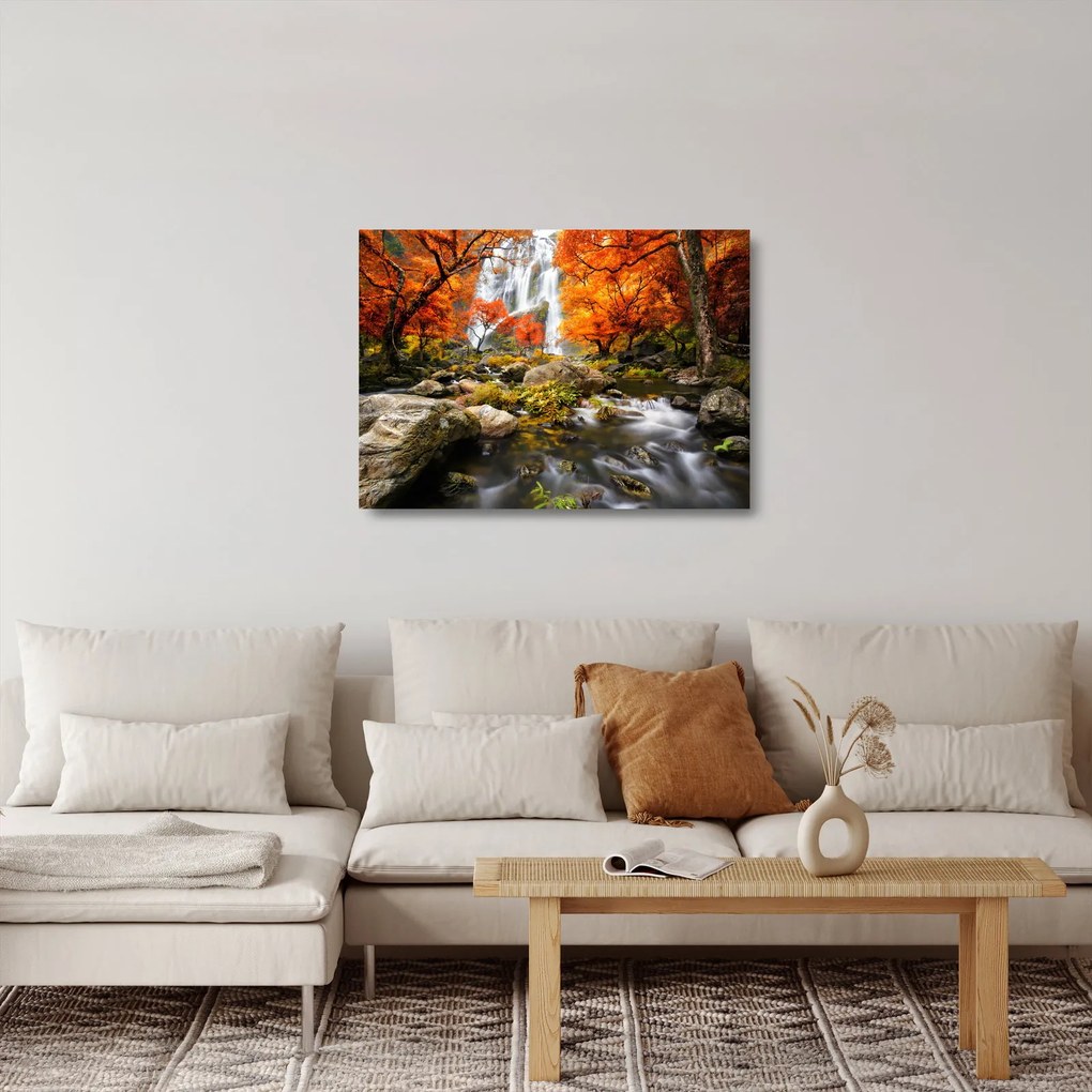 Tablou pe sticlă - Cascade în pădurea portocalie (70x50 cm)