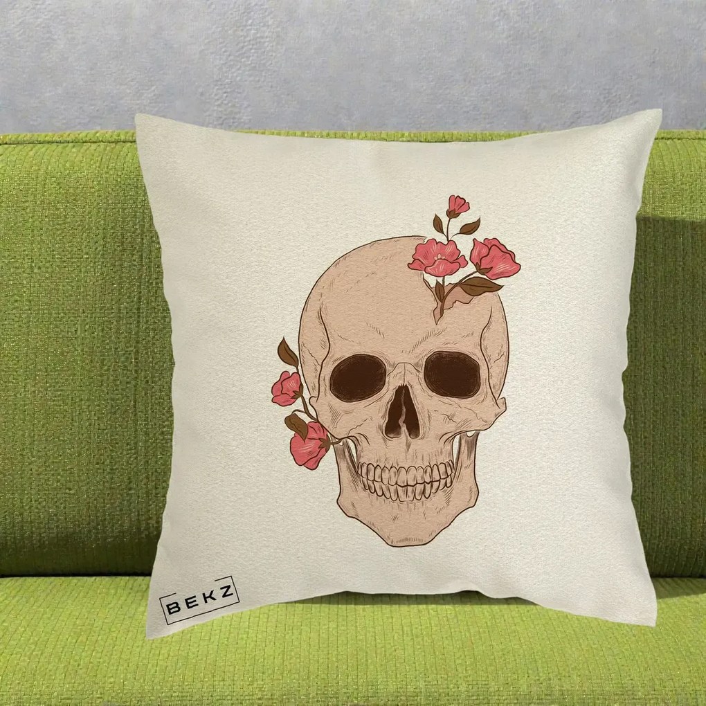 Perna Decorativa Craniu Floral Gothic, 40x40 cm, Ecru, Husa Detasabila, Perna Inclusa, BEKZ®
