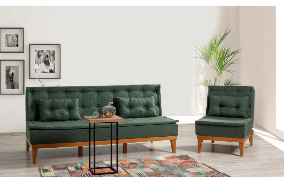 Set Canapea si Fotoliu, Lemn Solid, Fuoco, 2 Piese, Verde