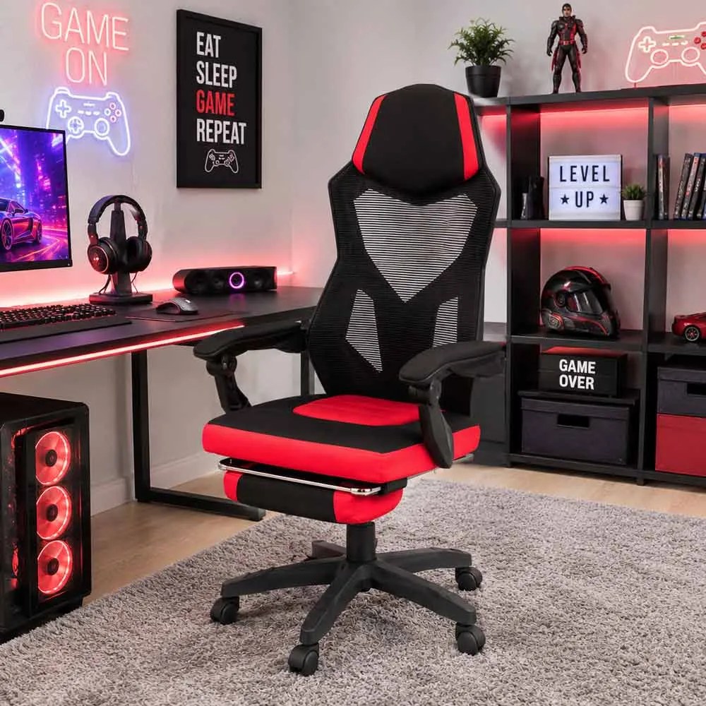 Scaun gaming rosu din mesh cu spatar rabatabil si suport picioare OFF 304
