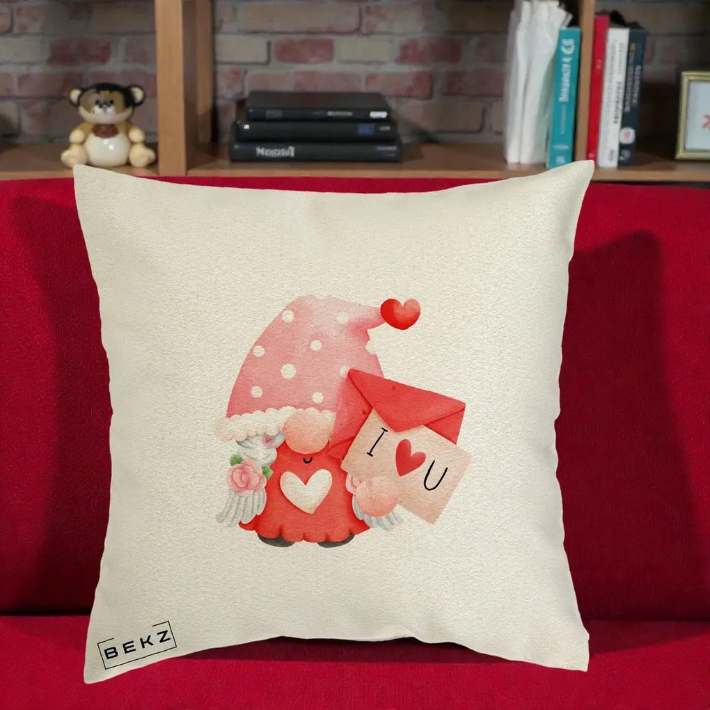 Cadou Romantic - Perna Personalizata I Love You Gnome Valentine cu Scrisoare, 40x40 cm, Ecru, Husa Detasabila, Perna Inclusa, BEKZ®