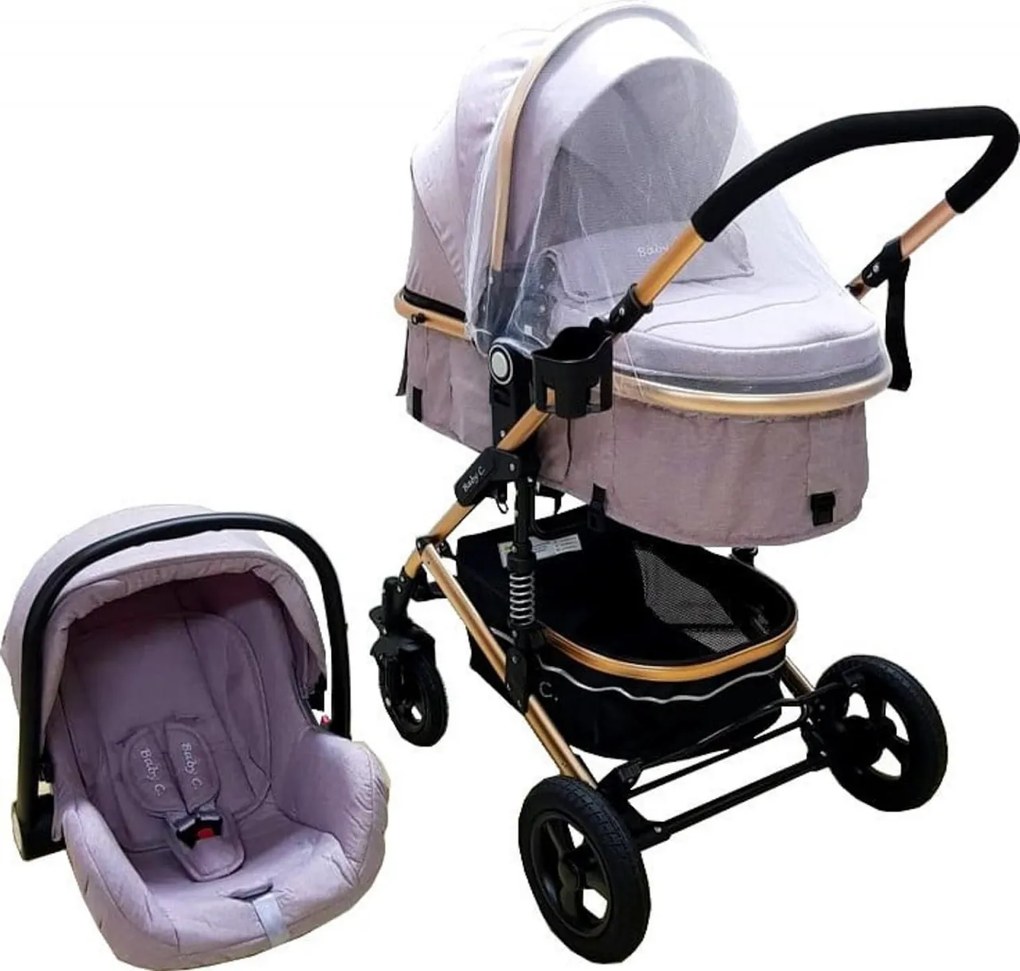 Carucior nou nascuti 3 in 1 Baby Care™ PRO 531 , Cadru Aluminiu, Amortizoare, Roti din cauciuc plin AVE, Landou, Scoica auto, Spatar reglabil 3