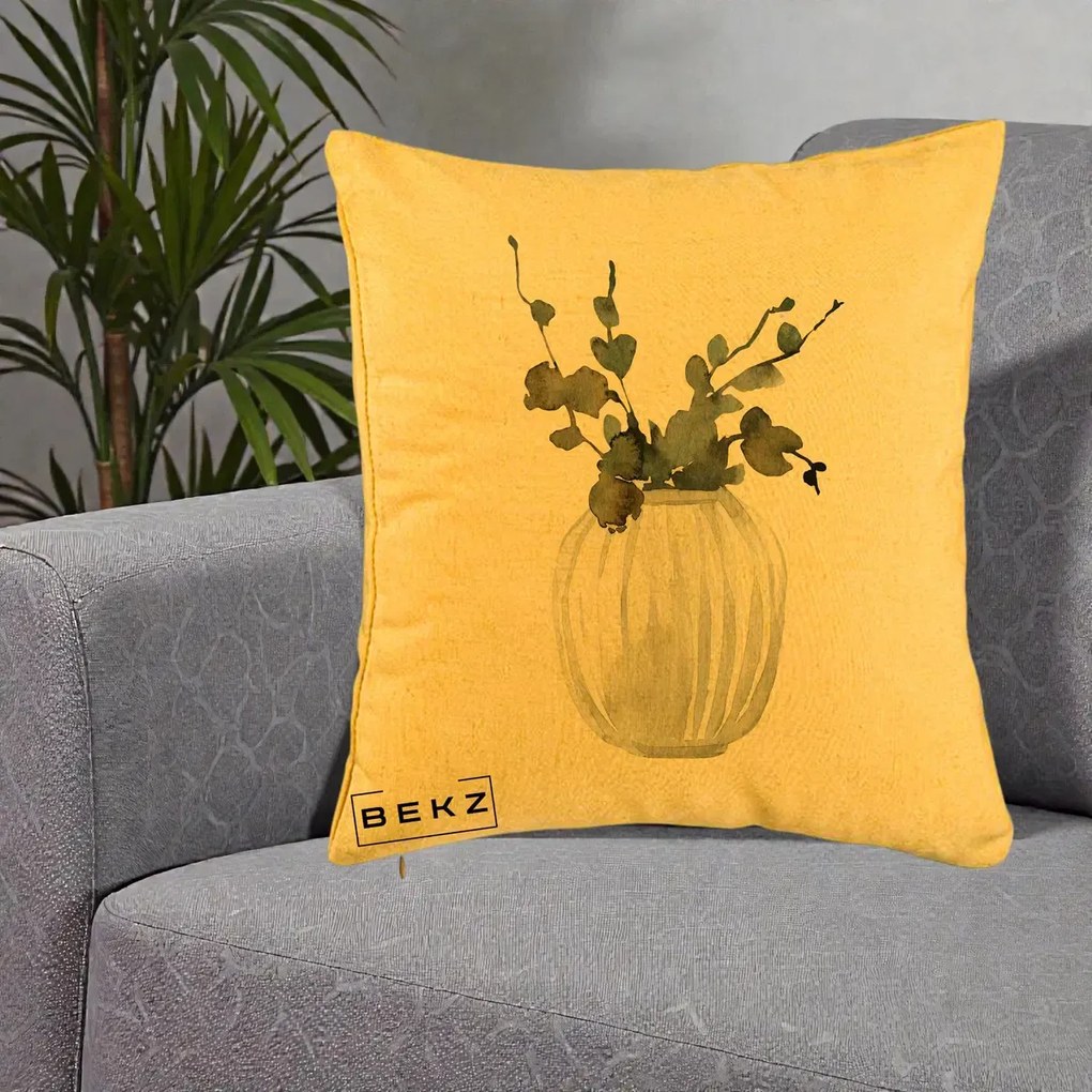 Perna Decorativa Vaza cu Eucalipt Watercolor, 40x40 cm, Galben, Husa Detasabila, Perna Inclusa, BEKZ®