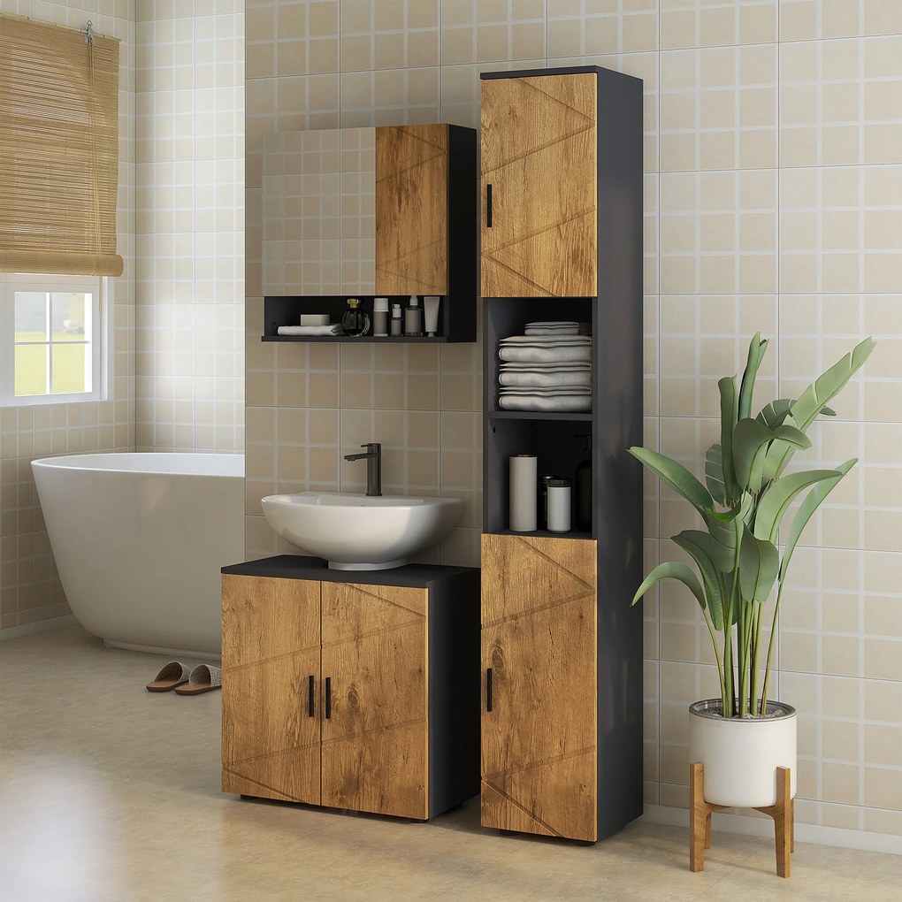 kleankin Dulap sub chiuveta lavabou, dulap de baie cu 2 usi cu raft, 60 x 30 x 60 cm gri antracit si aspect lemn | Aosom Romania