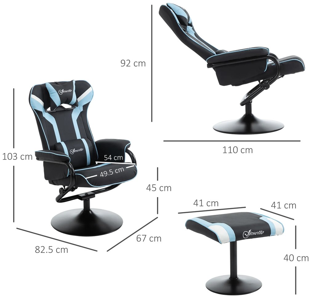 Vinsetto Set 2 Piese Fotoliu Rabatabil cu Suport pentru picioare Stil Gaming, Inclinatie 130° si Suport Lombar, Negru si Albastru
