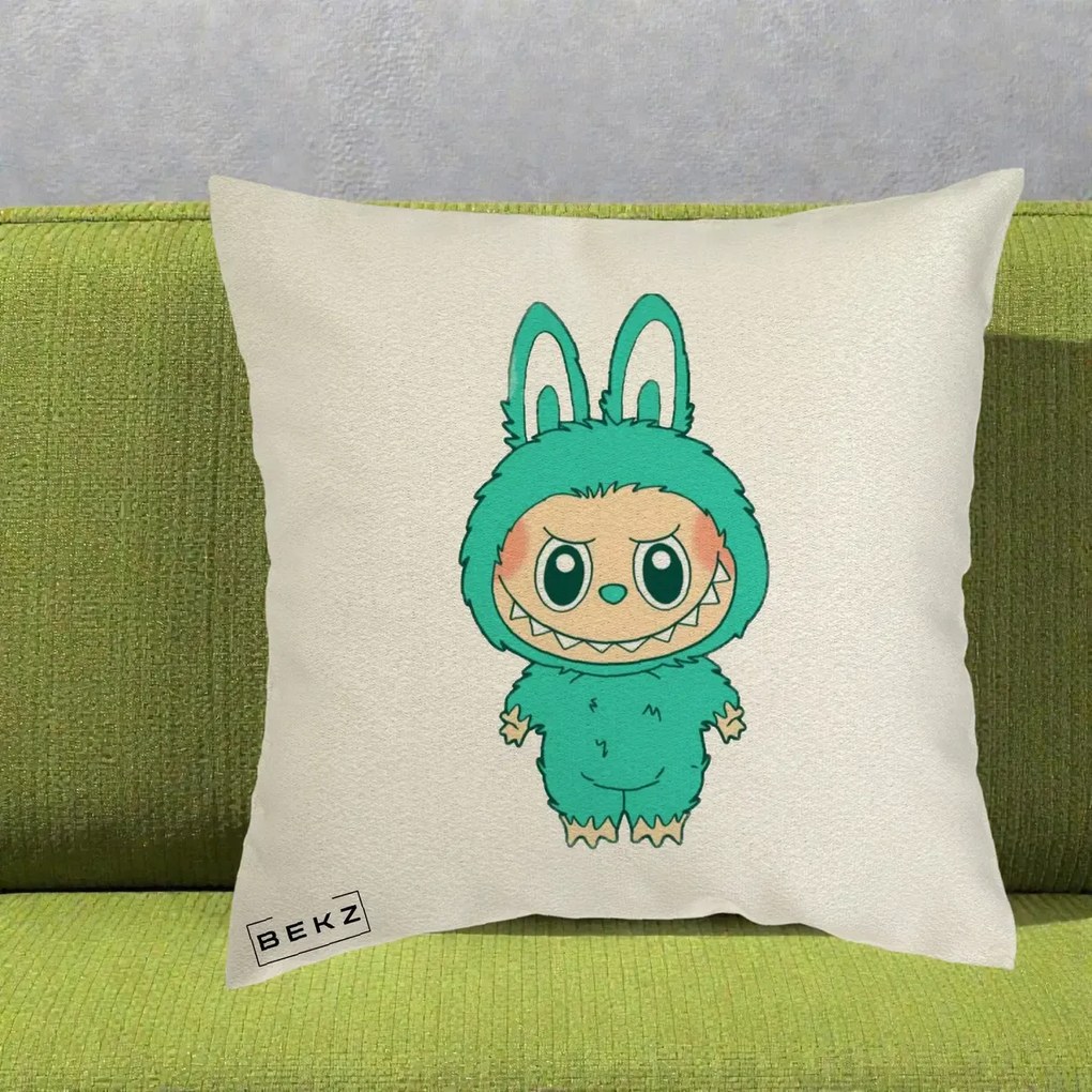 Perna Personalizata Labubu Turcoaz, 40x40 cm, Ecru, Husa Detasabila, Perna Inclusa, BEKZ®