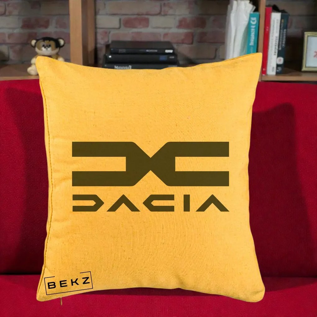 Perna Personalizata cu emblema Dacia, 40x40 cm, Galben, Husa Detasabila, Perna Inclusa, BEKZ®