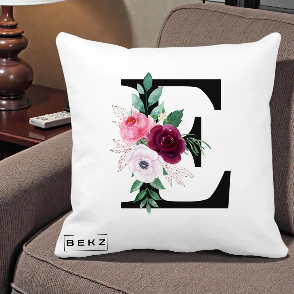 Cadou Personalizat - Perna Personalizata Monograma Florala Litera E, 40x40 cm, Alba Mata, Husa Detasabila, Perna Inclusa, BEKZ®
