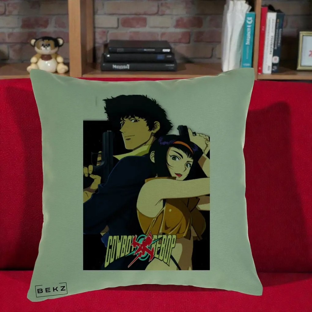 Perna Personalizata Cowboy Bebop Spike si Faye Poster, 40x40 cm, Verde, Husa Detasabila, Perna Inclusa, BEKZ®