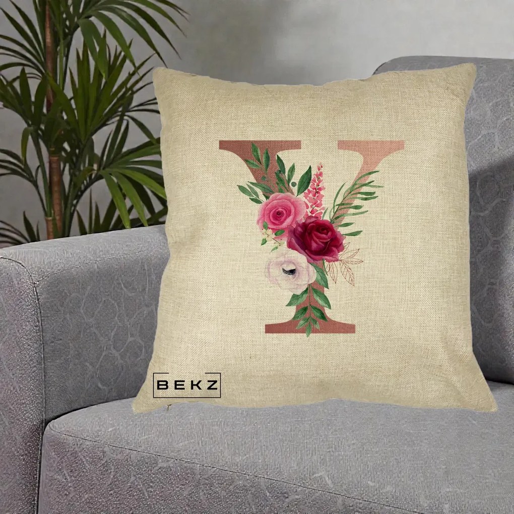 Cadou Personalizat - Perna Personalizata Monograma Rose Gold Litera Y, 40x40 cm, Crem, Husa Detasabila, Perna Inclusa, BEKZ®