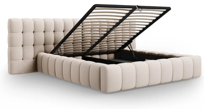 Pat matrimonial bej tapițat cu spațiu de depozitare cu somieră 180x200 cm Mamaia – Micadoni Home