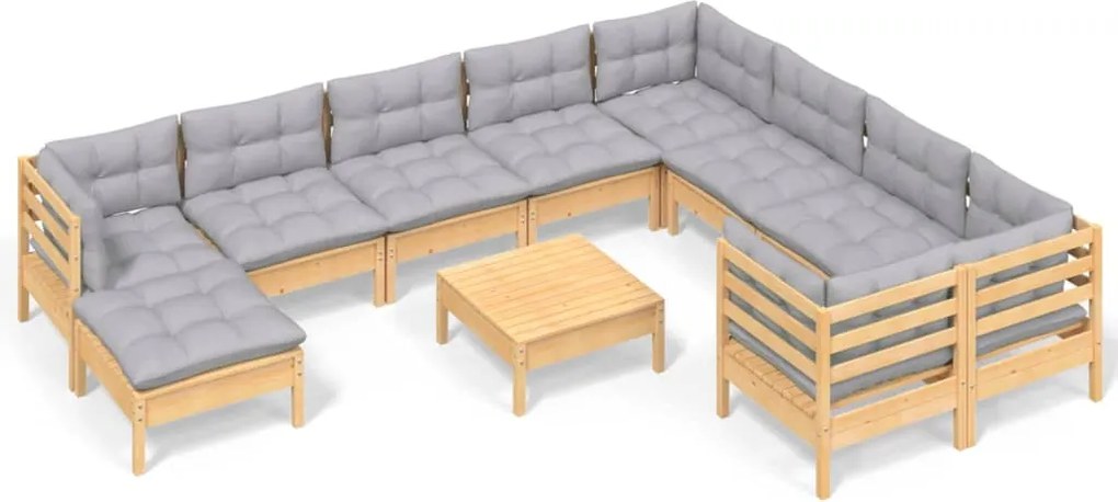 vidaXL Set mobilier grădină cu perne, 11 piese, gri, lemn masiv pin