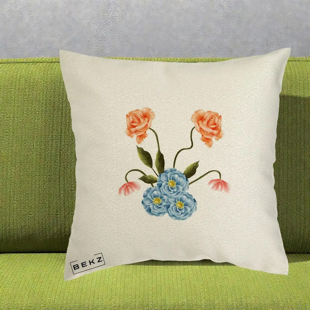 Perna Decorativa Trandafiri si Bujori Acuarela, 40x40 cm, Ecru, Husa Detasabila, Perna Inclusa, BEKZ®