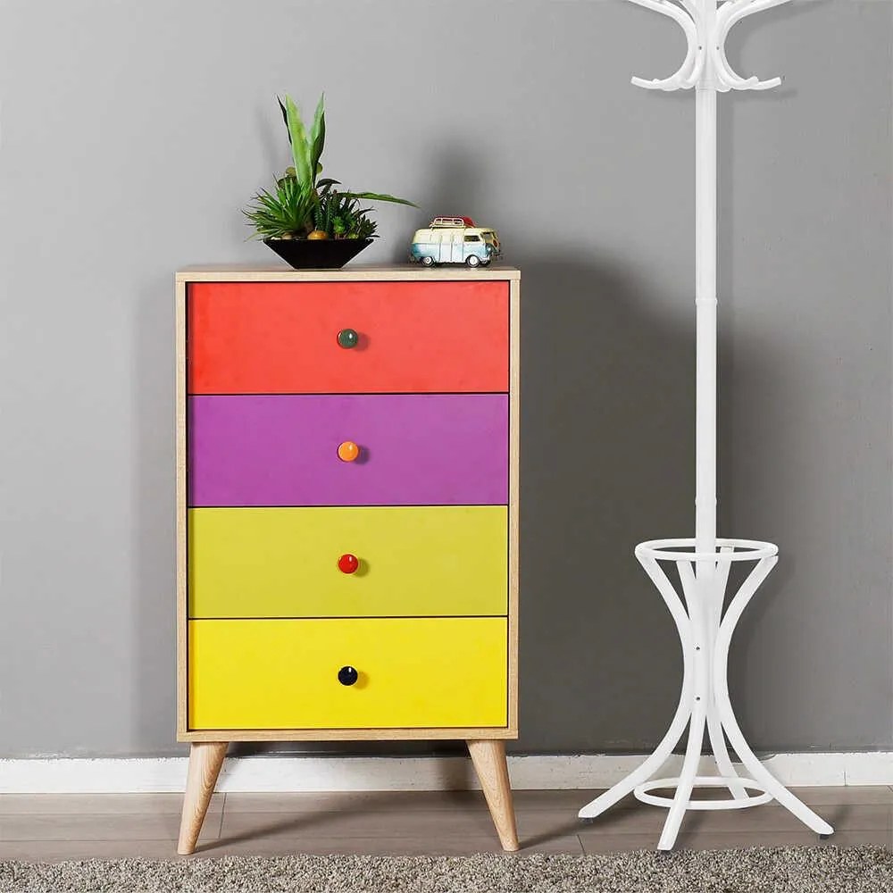 Comoda Adore Rainbow, 4 sertare, Multicolor/Sonoma, 60 x 104 x 45 cm