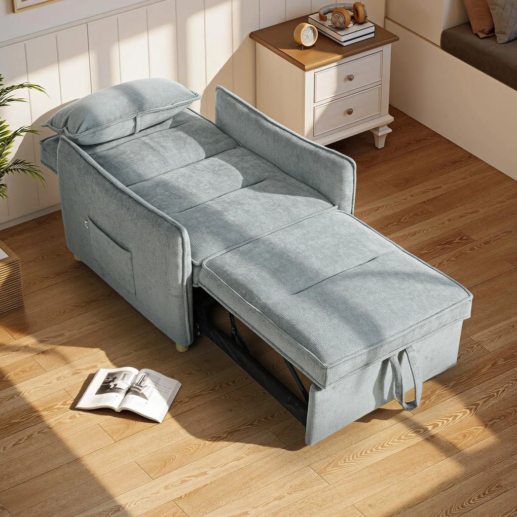 HOMCOM Fotoliu Pat 3 în 1 Pliabil, Spătar Reglabil 3 Poziții, Șezut Spațios, Pernă Detasabilă, Fotoliu Transformabil din Chenille cu Roți și Buzunare, 88x84x87 cm, Gri | Aosom Romania