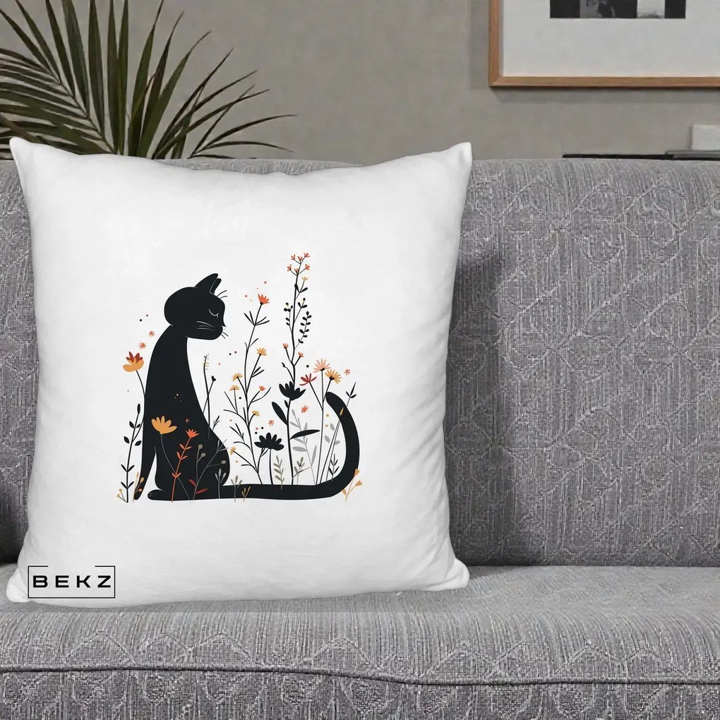 Perna Decorativa Pisica Neagra Flori Portocalii Silueta, 40x40 cm, Alb Pufos, Husa Detasabila, Perna Inclusa, BEKZ®